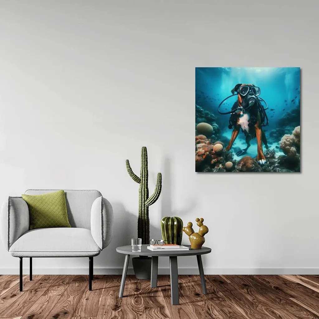 Boxer Dog Scuba Diver Underwater Coral Reef – Wall Art