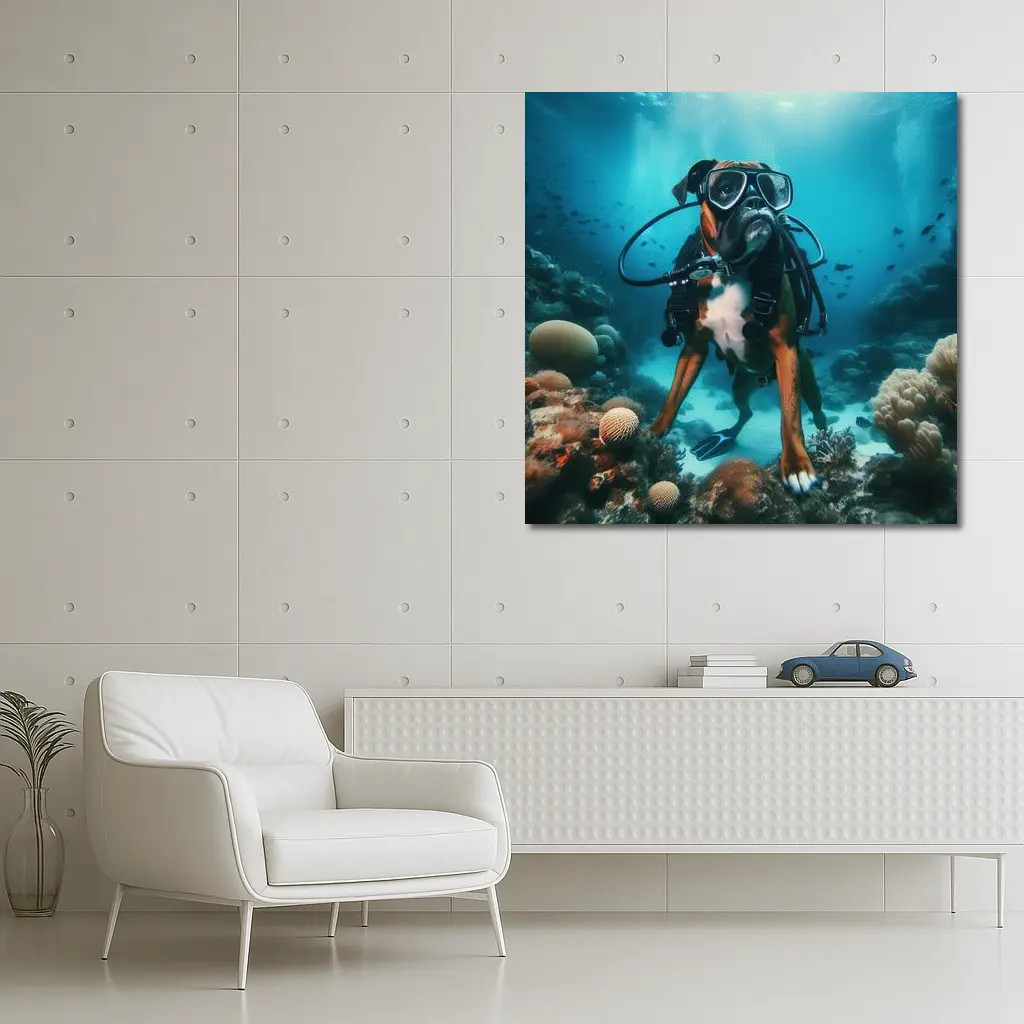 Boxer Dog Scuba Diver Underwater Coral Reef – Wall Art