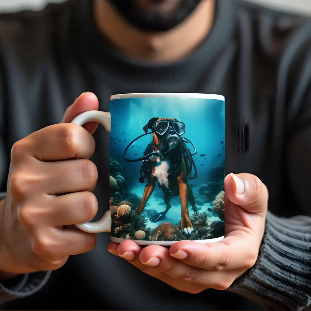 Boxer Dog Scuba Diver Underwater Coral Reef – Mugs