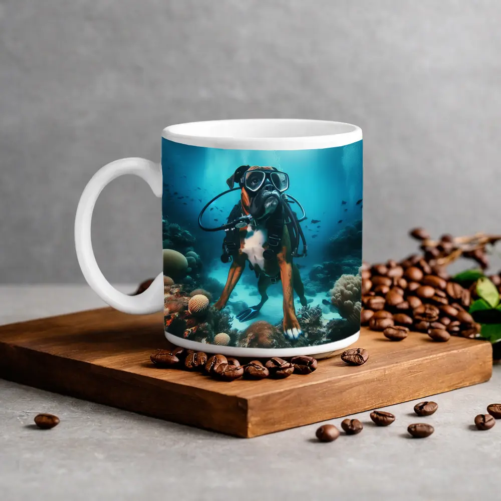 Boxer Dog Scuba Diver Underwater Coral Reef – Mugs