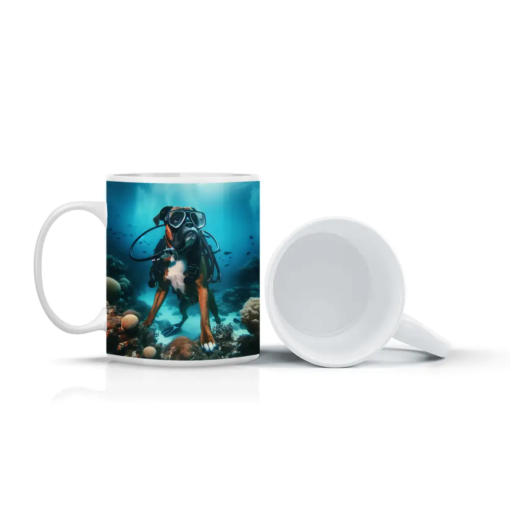 Boxer Dog Scuba Diver Underwater Coral Reef – Mugs