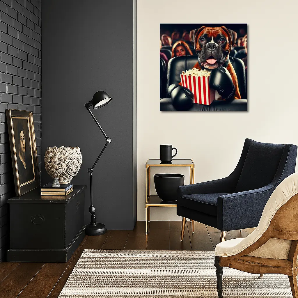 Boxer Dog With Popcorn At Cinema – Wall Art