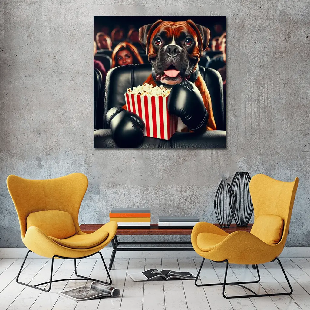 Boxer Dog With Popcorn At Cinema – Wall Art