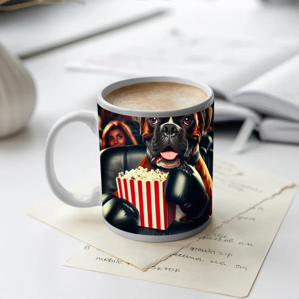 Boxer Dog With Popcorn At Cinema – Mugs