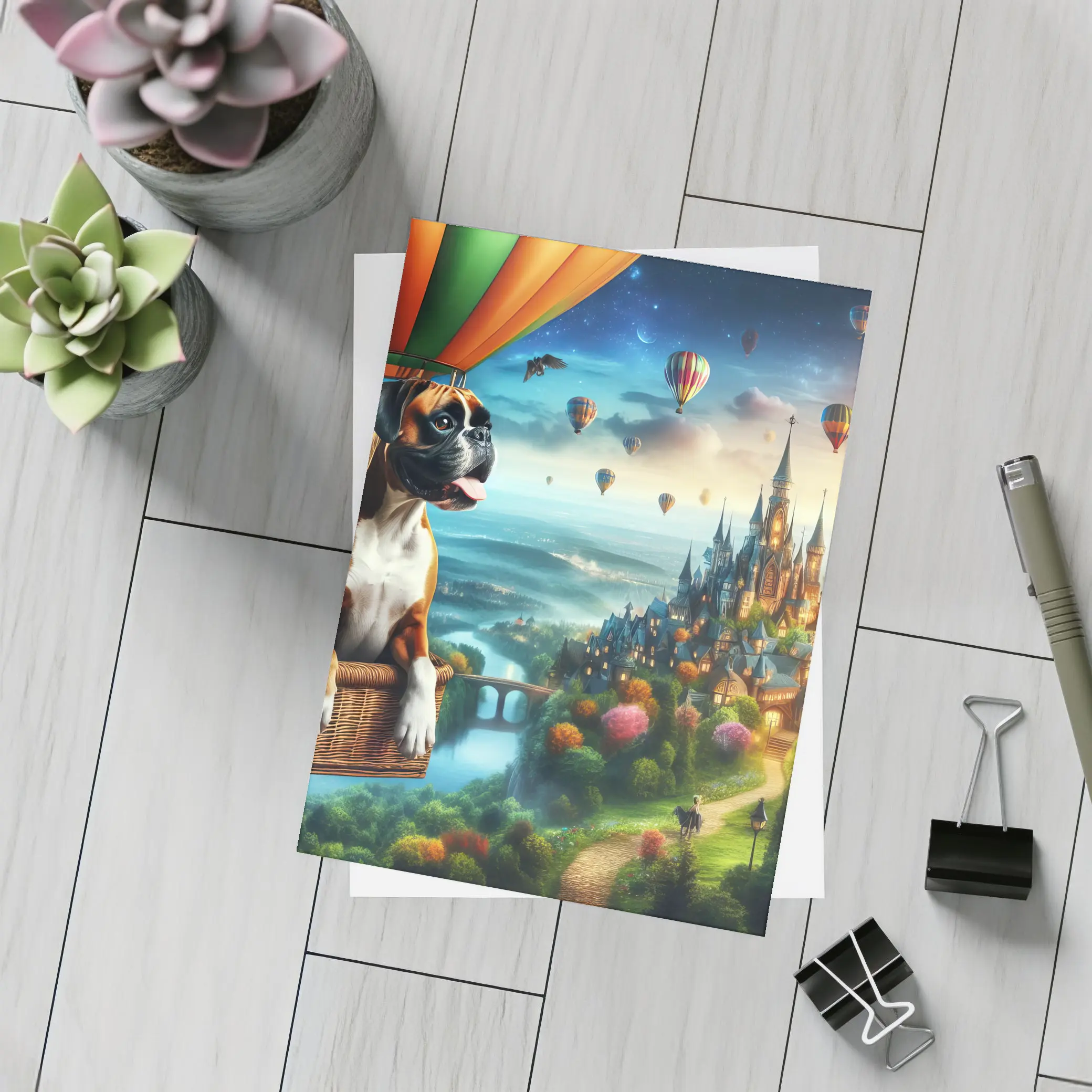 Boxer Dog Hot Air Balloon Fantasy Castle – Postcards