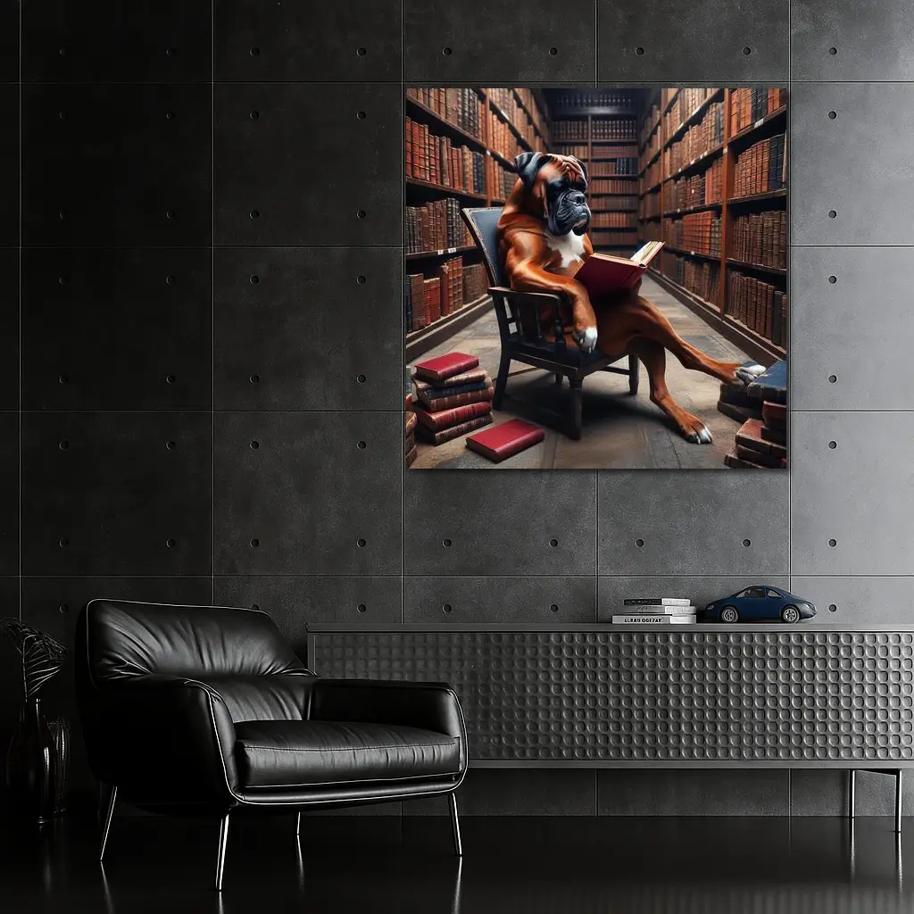 Boxer Dog Reading Book in Library – Wall Art