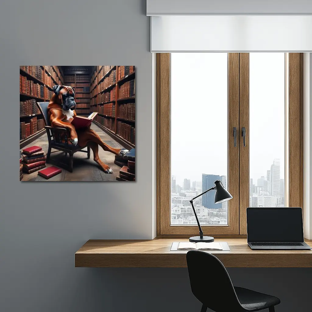 Boxer Dog Reading Book in Library – Wall Art