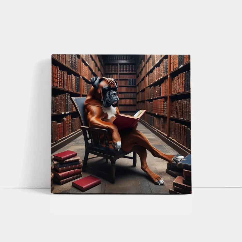 Boxer Dog Reading Book in Library – Wall Art