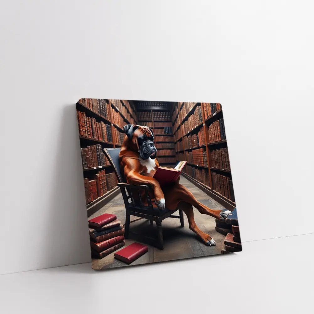 Boxer Dog Reading Book in Library – Wall Art