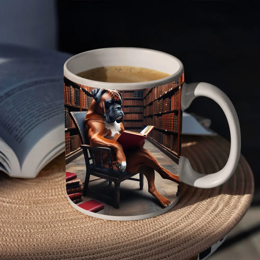 Boxer Dog Reading Book in Library – Mugs