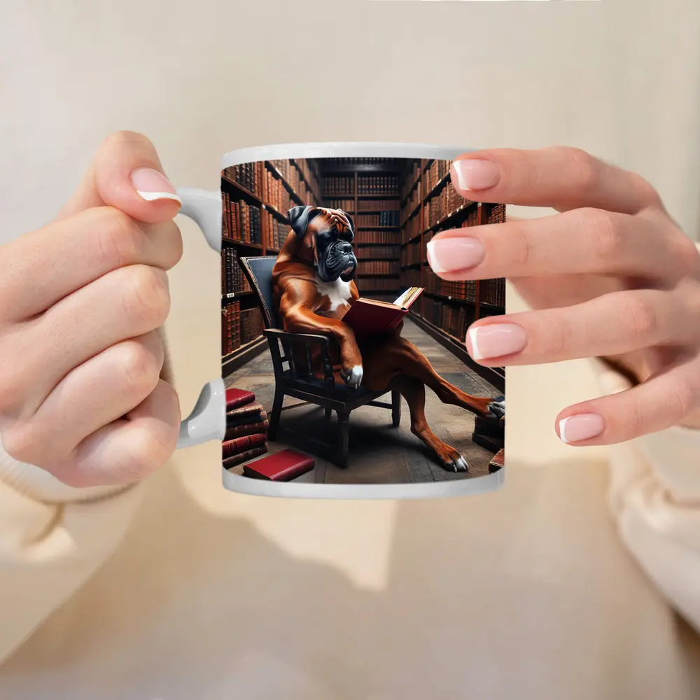 Boxer Dog Reading Book in Library – Mugs