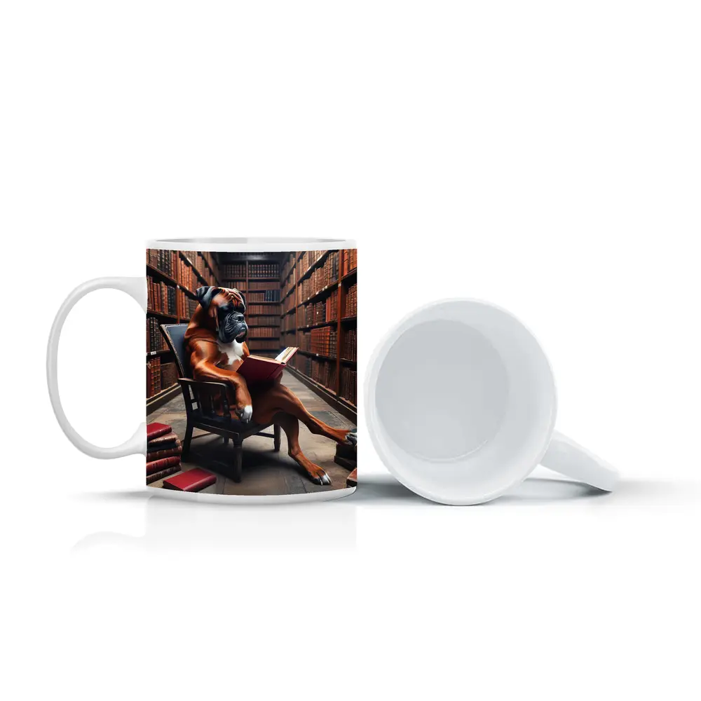Boxer Dog Reading Book in Library – Mugs