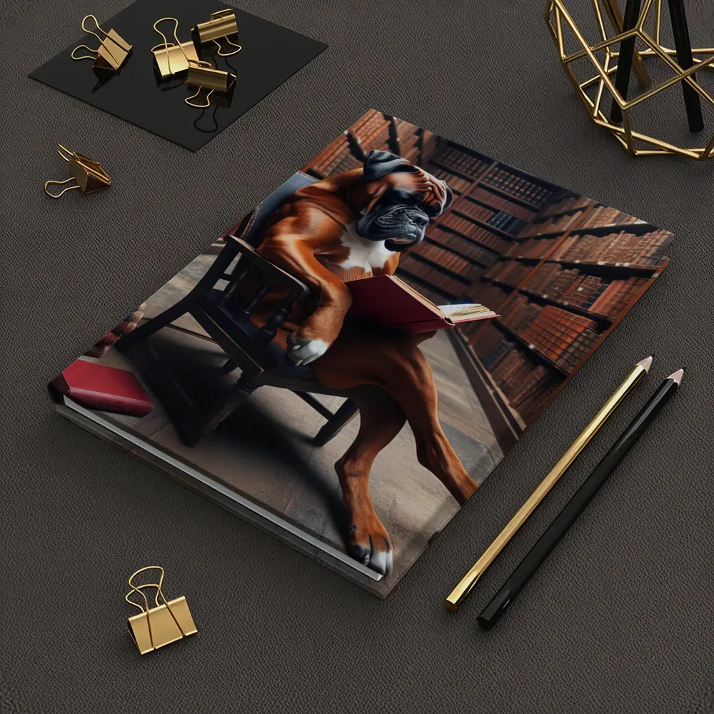 Boxer Dog Reading Book in Library – Notebooks