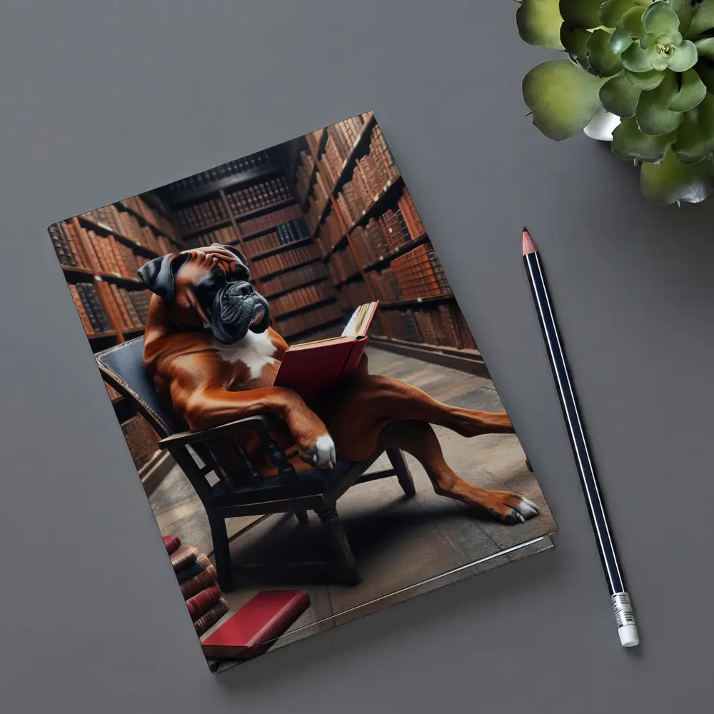 Boxer Dog Reading Book in Library – Notebooks