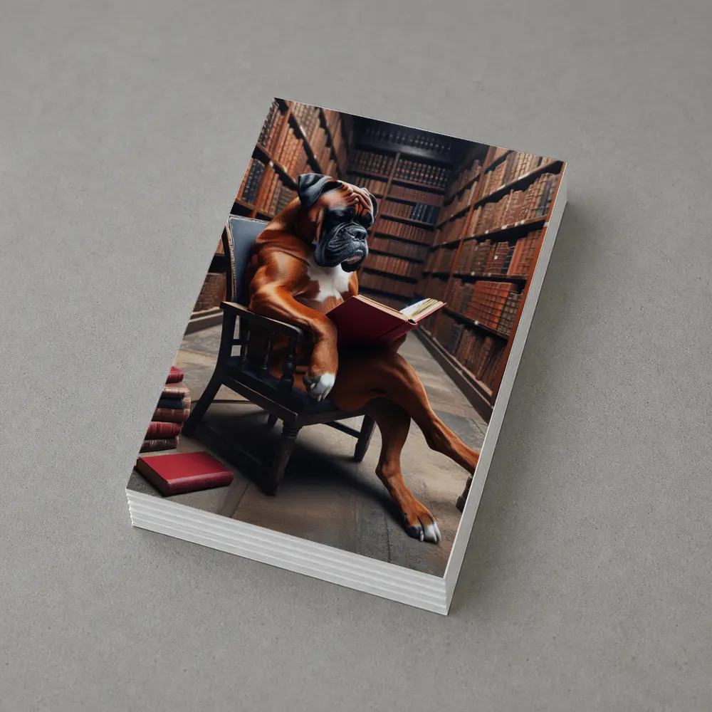 Boxer Dog Reading Book in Library – Postcards