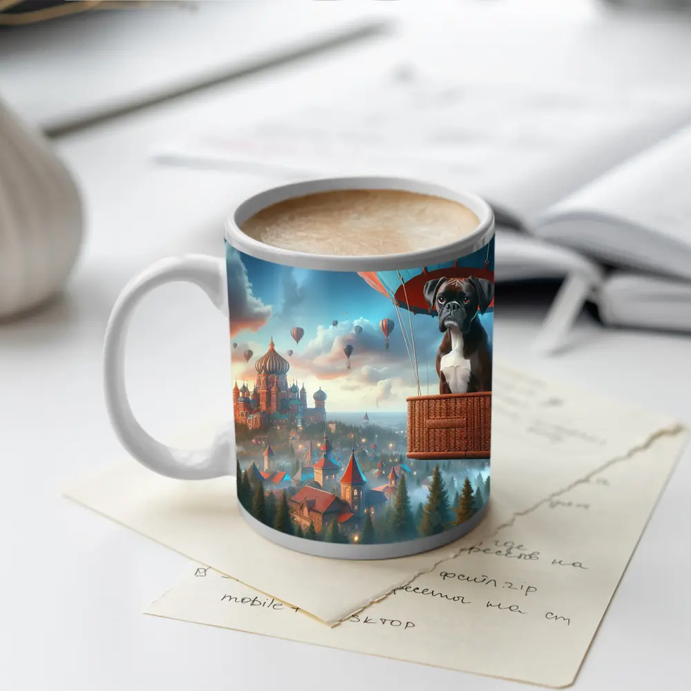 Boxer Dog Hot Air Balloon Fantasy City – Mugs