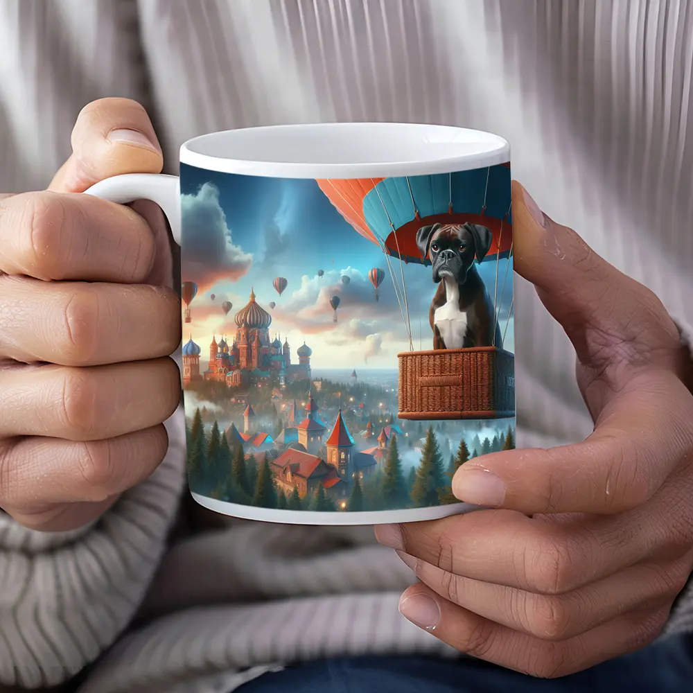 Boxer Dog Hot Air Balloon Fantasy City – Mugs