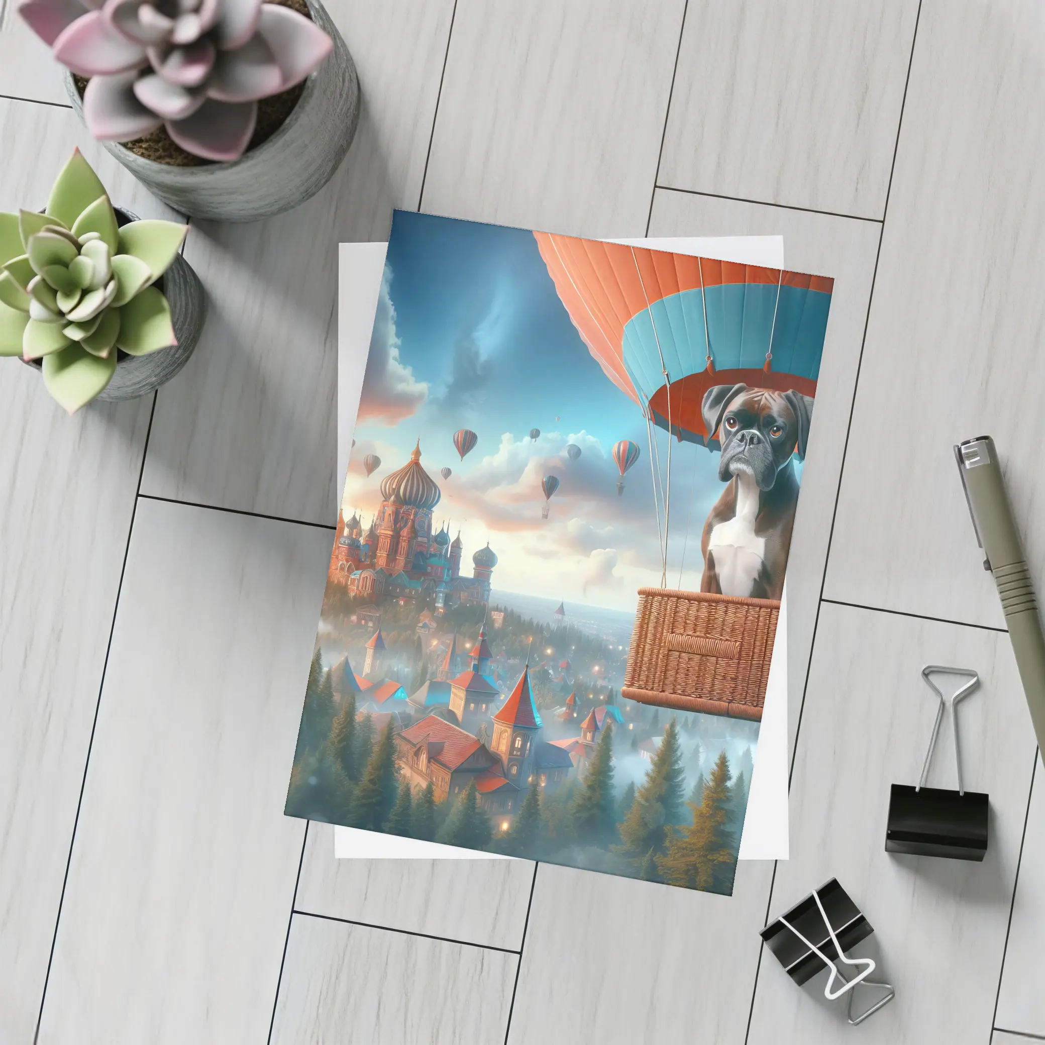 Boxer Dog Hot Air Balloon Fantasy City – Postcards