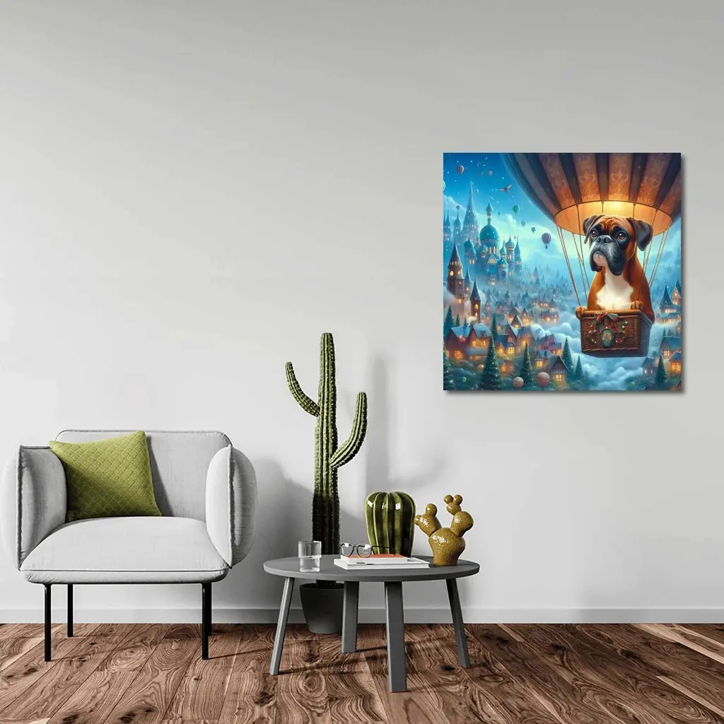 Boxer Dog Flying Hot Air Balloon Fantasy – Wall Art