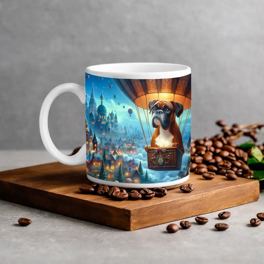 Boxer Dog Flying Hot Air Balloon Fantasy – Mugs