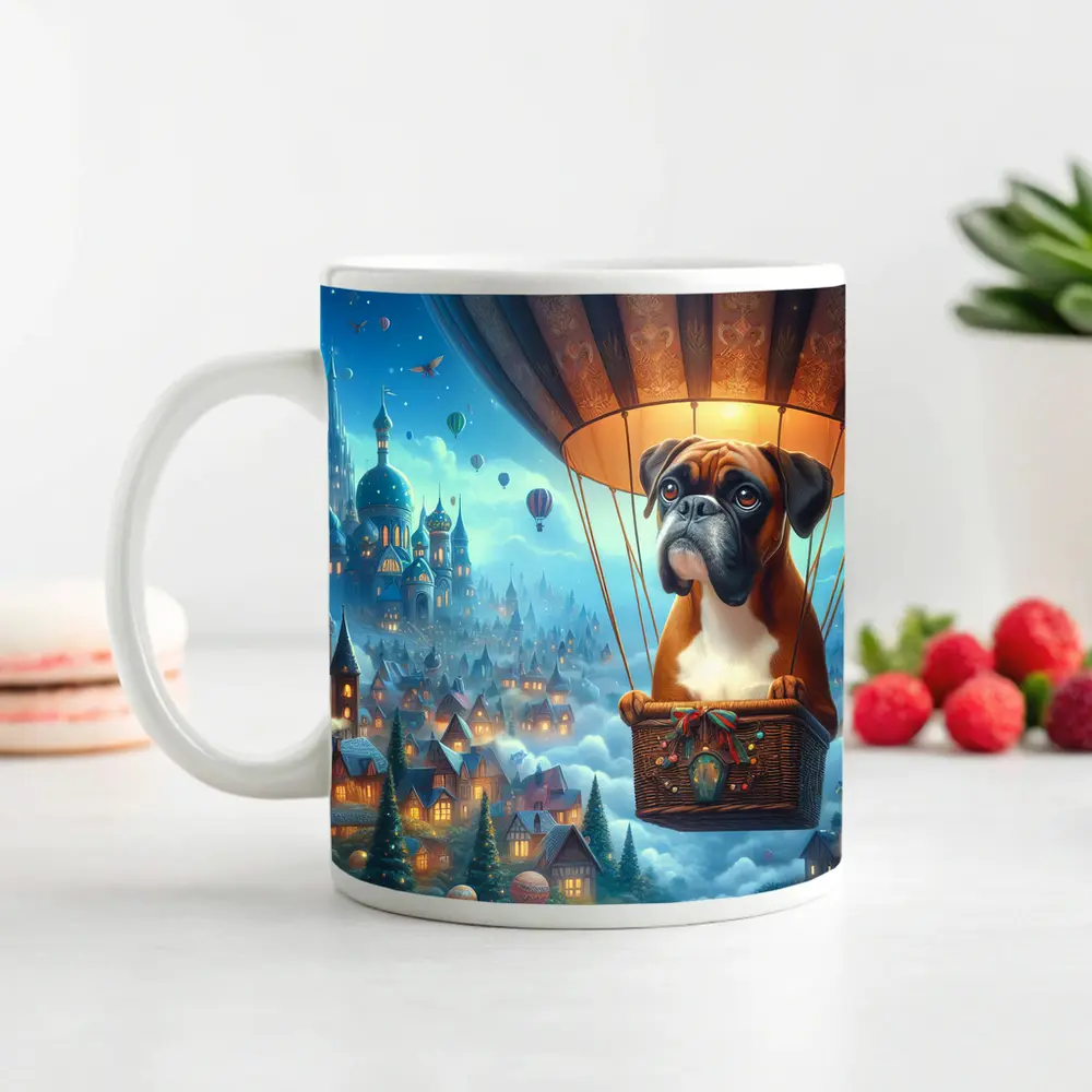 Boxer Dog Flying Hot Air Balloon Fantasy – Mugs