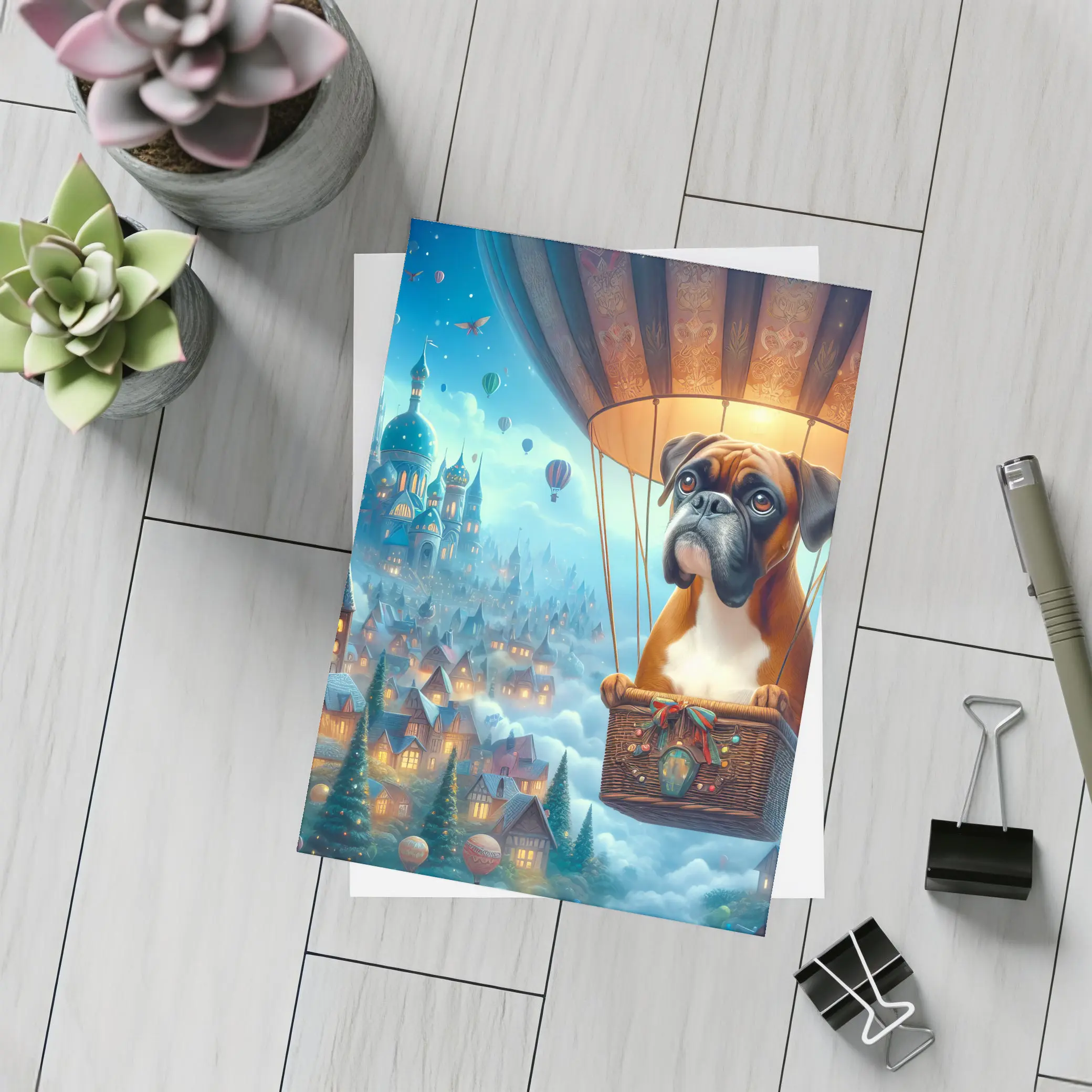 Boxer Dog Flying Hot Air Balloon Fantasy – Postcards