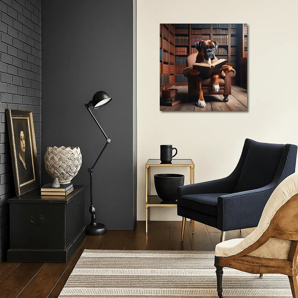 Boxer Dog Reading Book In Library – Wall Art
