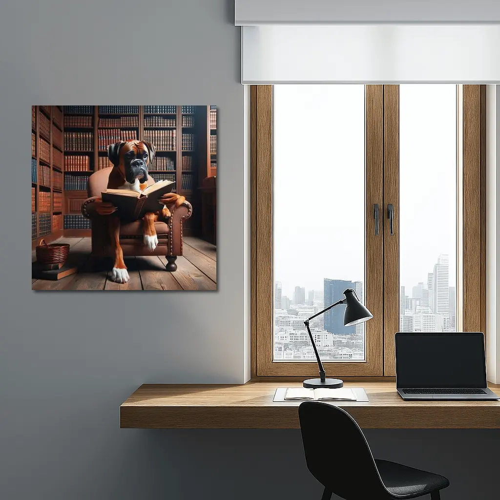 Boxer Dog Reading Book In Library – Wall Art