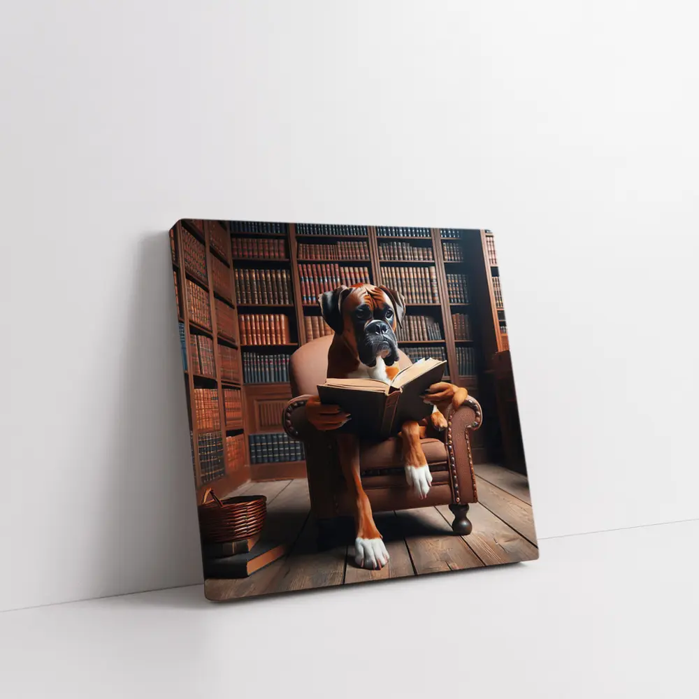 Boxer Dog Reading Book In Library – Wall Art