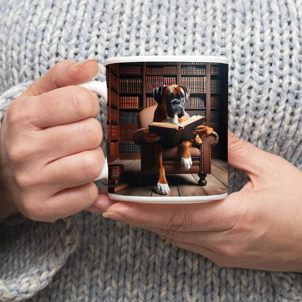 Boxer Dog Reading Book In Library – Mugs
