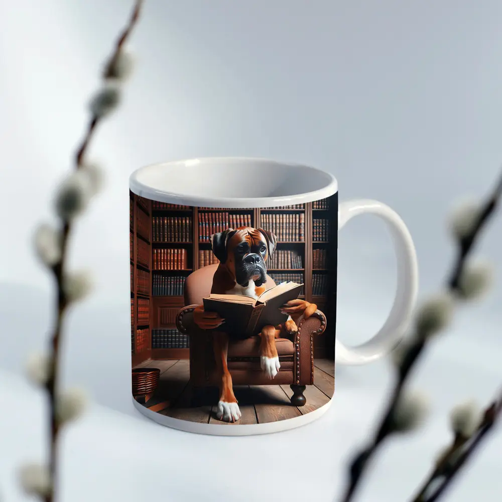 Boxer Dog Reading Book In Library – Mugs