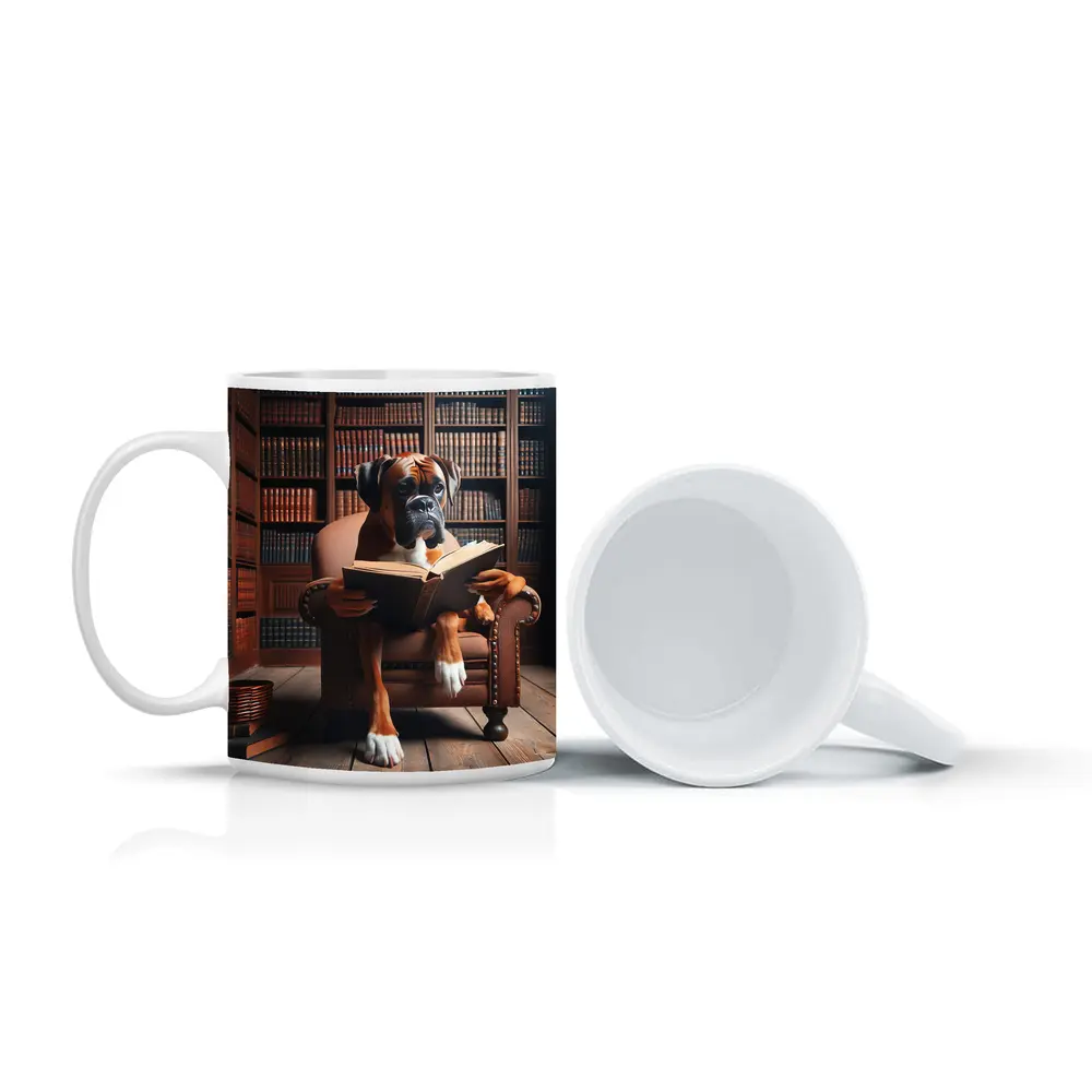 Boxer Dog Reading Book In Library – Mugs