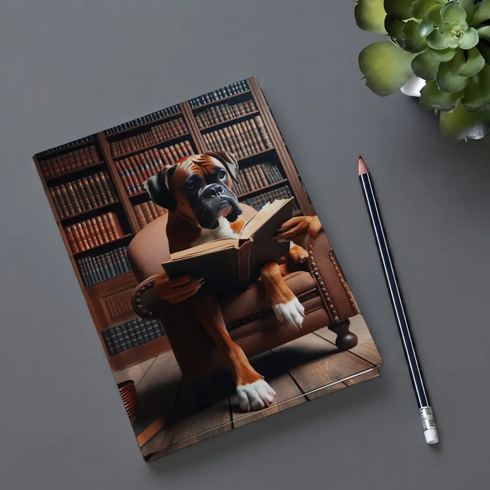 Boxer Dog Reading Book In Library – Notebooks
