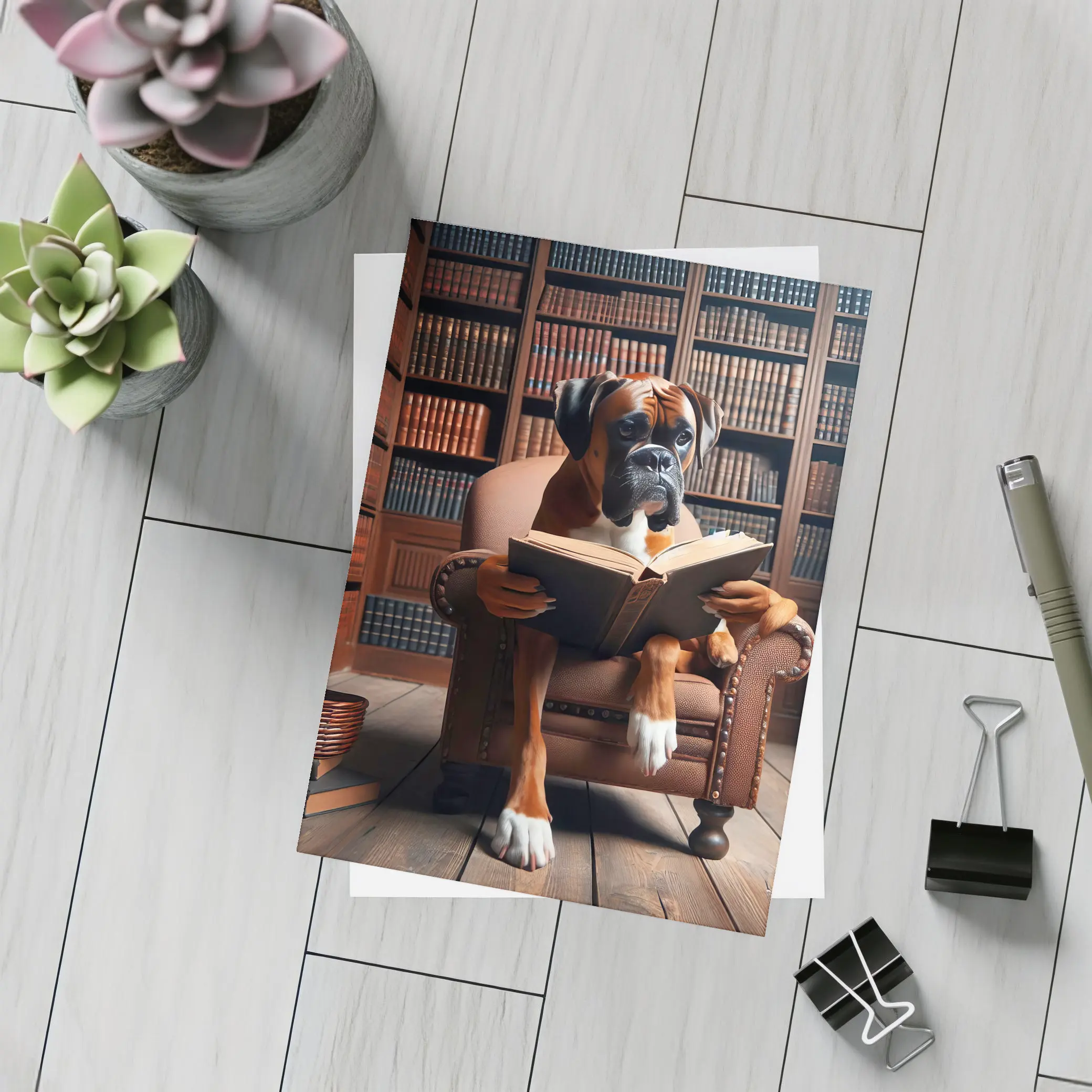 Boxer Dog Reading Book In Library – Postcards