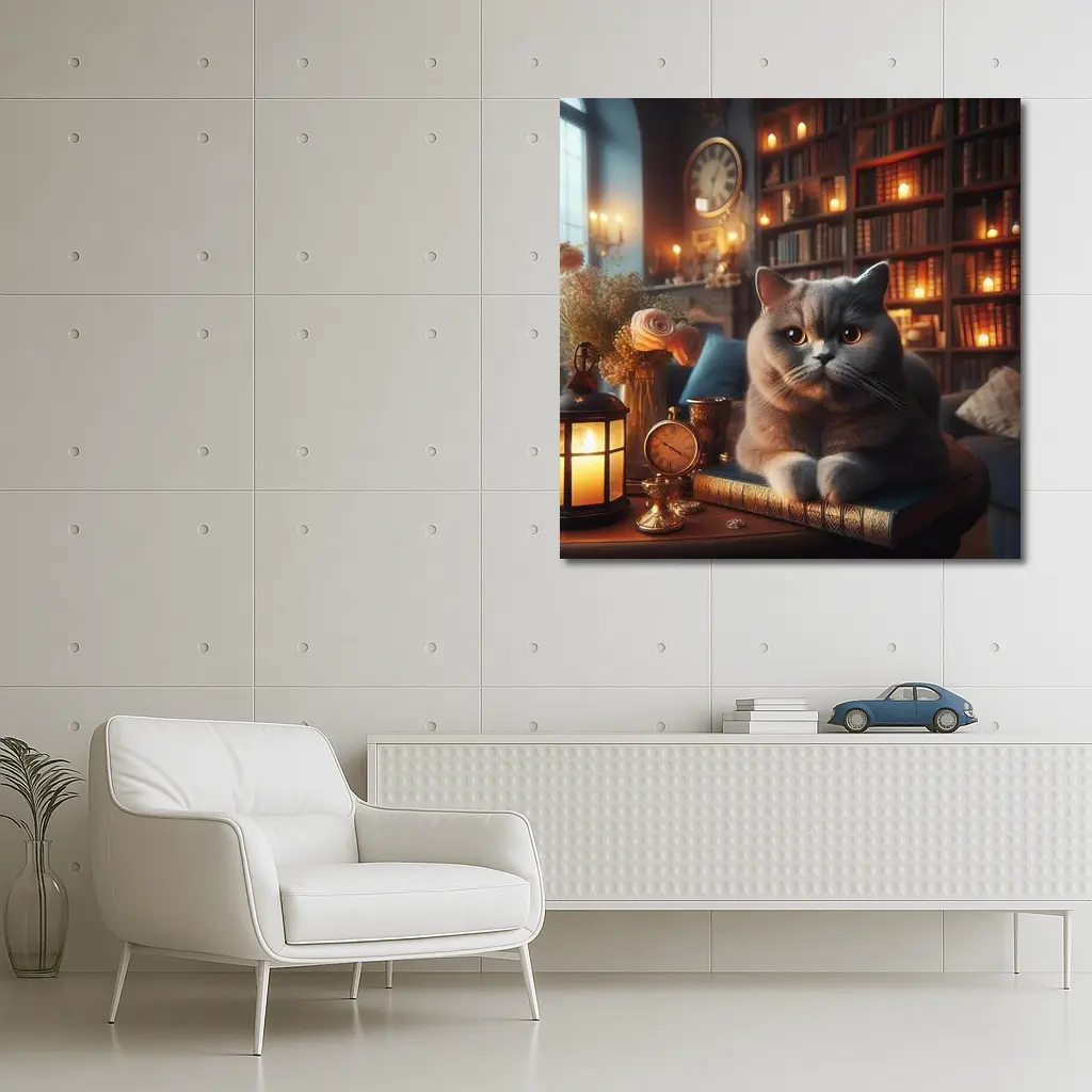 British Shorthair Cat Cozy Library Candlelight – Wall Art