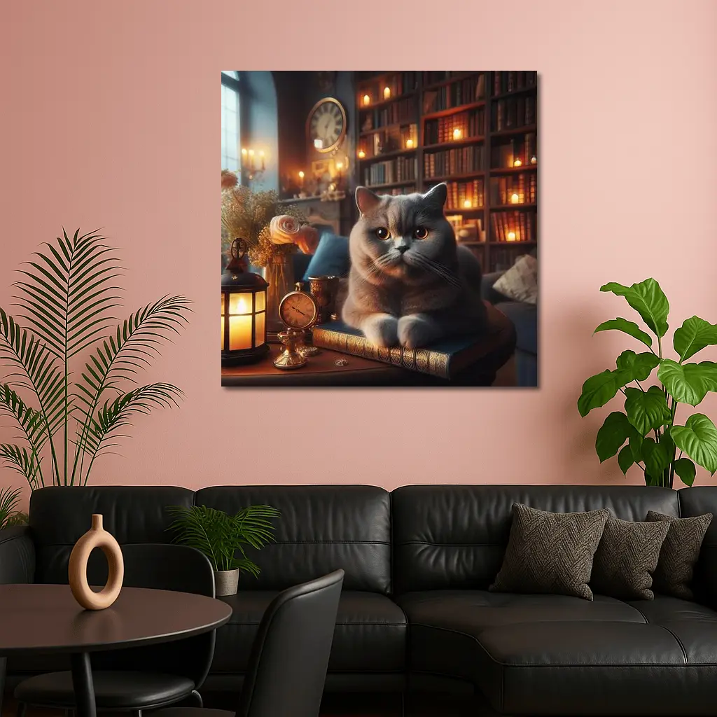 British Shorthair Cat Cozy Library Candlelight – Wall Art