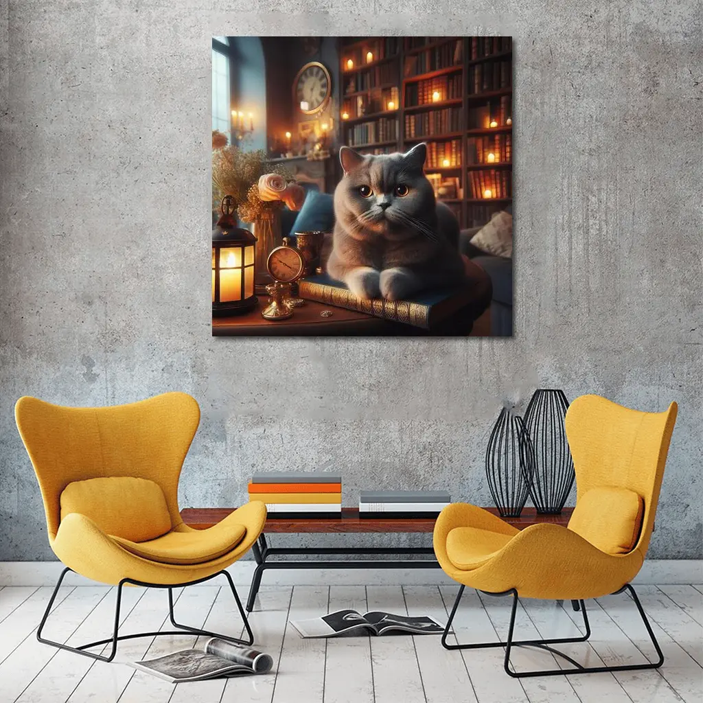 British Shorthair Cat Cozy Library Candlelight – Wall Art