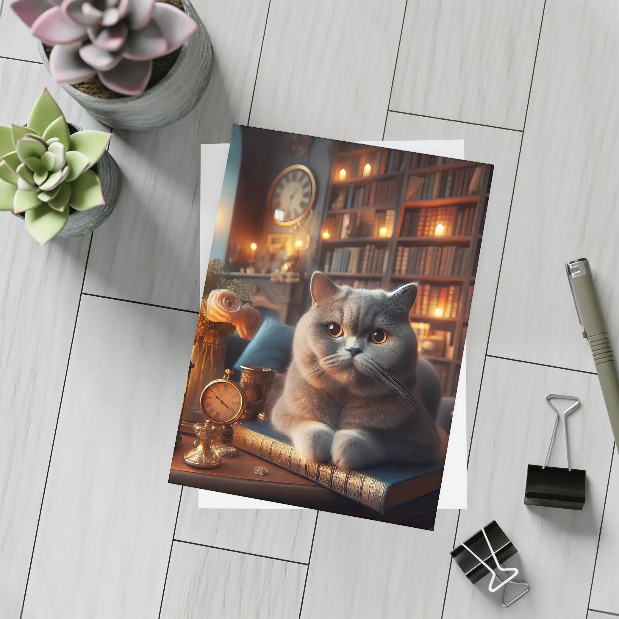 British Shorthair Cat Cozy Library Candlelight – Postcards
