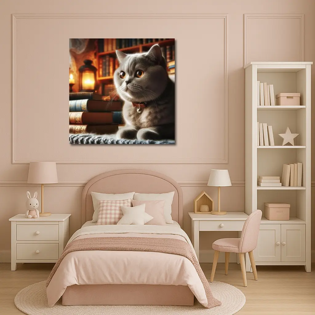 British Shorthair Cat Cozy Library Books – Wall Art