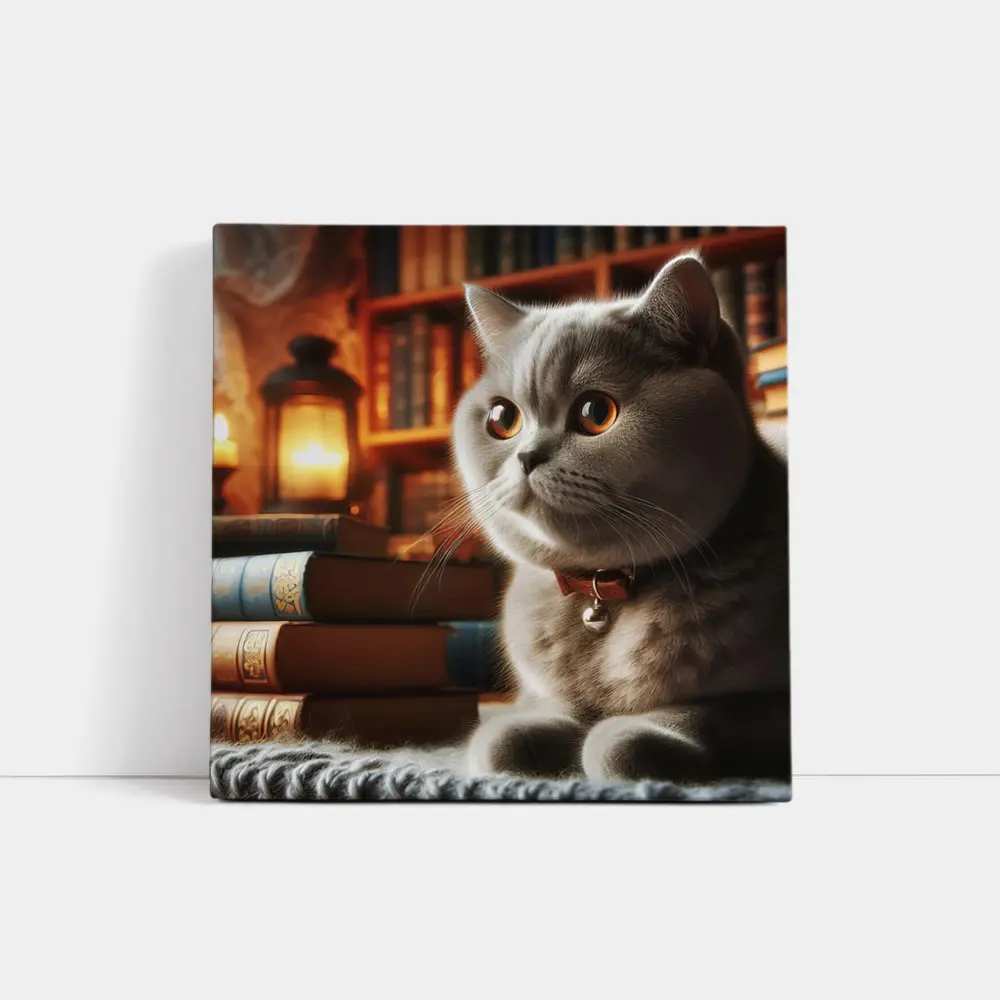 British Shorthair Cat Cozy Library Books – Wall Art