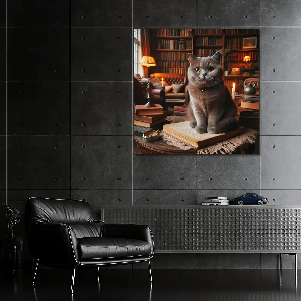 British Shorthair Cat Cozy Library Reading Room – Wall Art