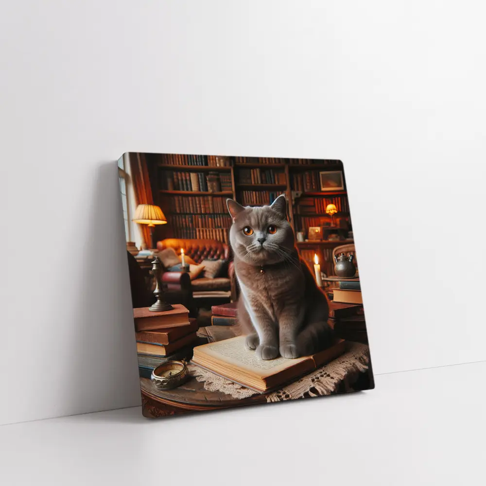 British Shorthair Cat Cozy Library Reading Room – Wall Art