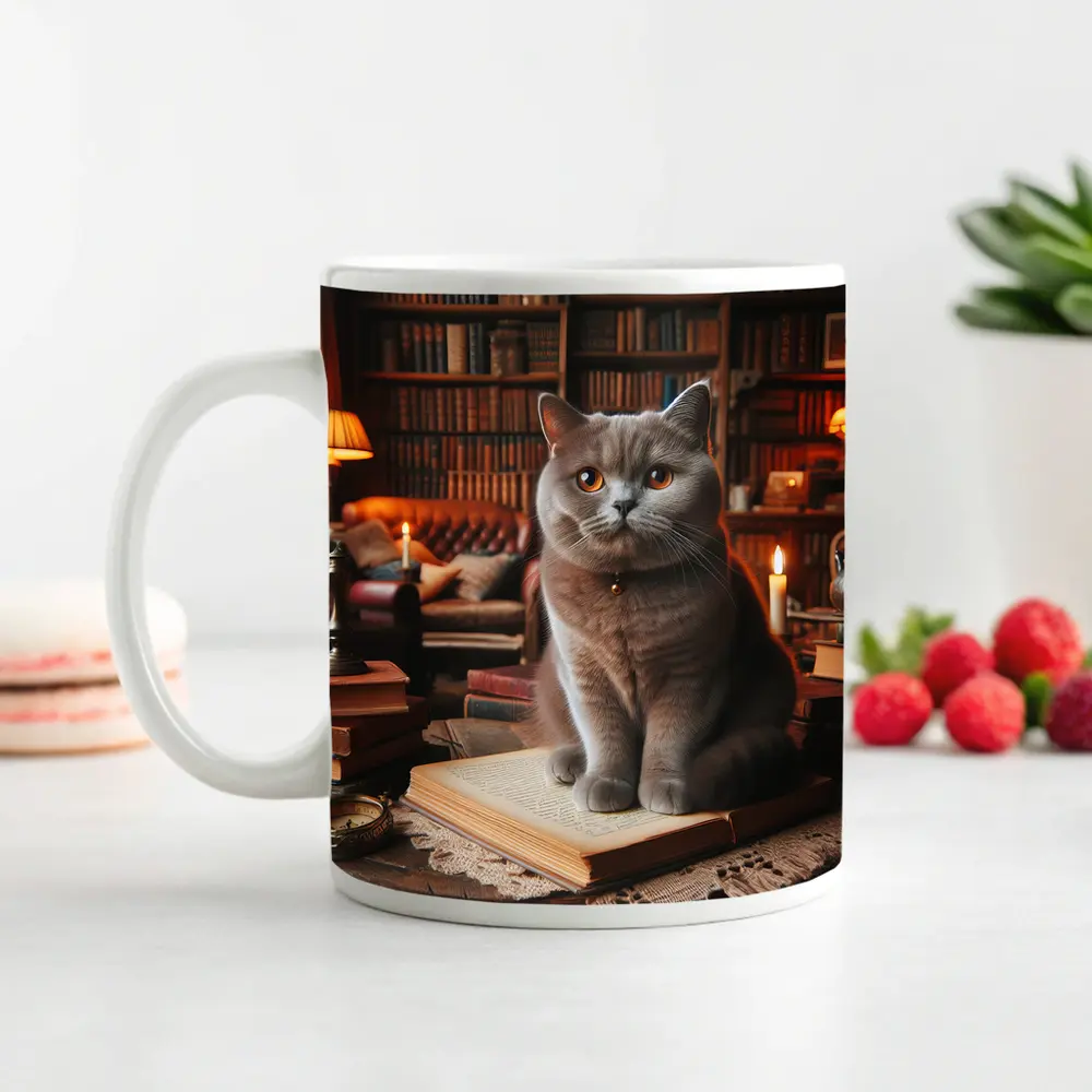 British Shorthair Cat Cozy Library Reading Room – Mugs