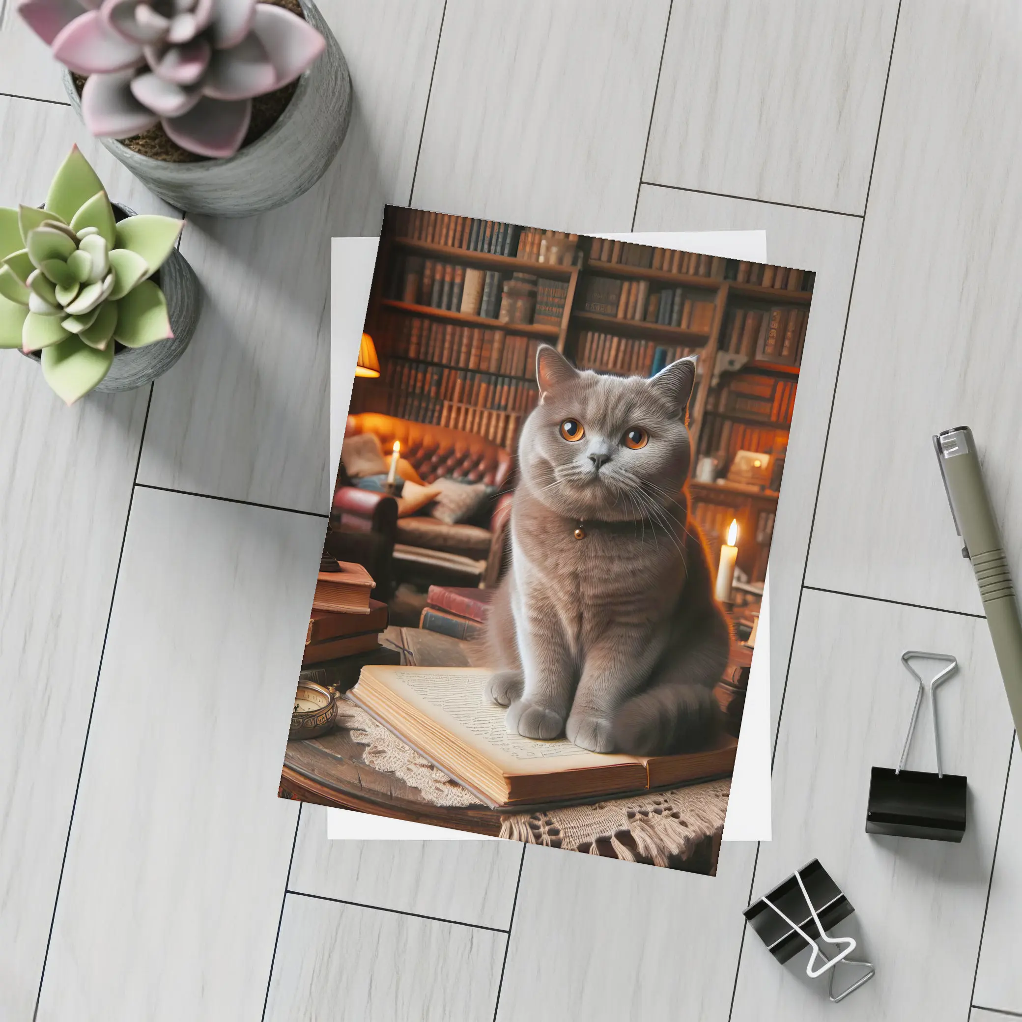 British Shorthair Cat Cozy Library Reading Room – Postcards
