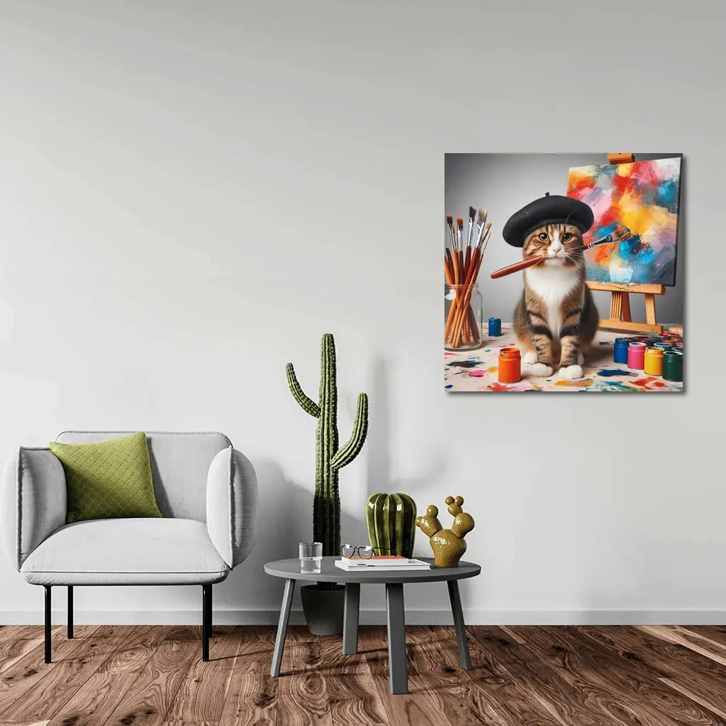 Artist Cat Beret Painting Studio Scene – Wall Art