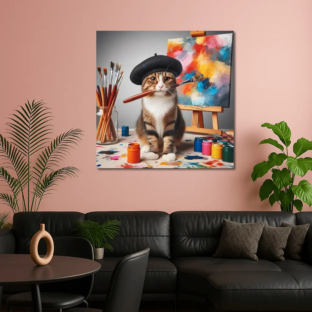 Artist Cat Beret Painting Studio Scene – Wall Art