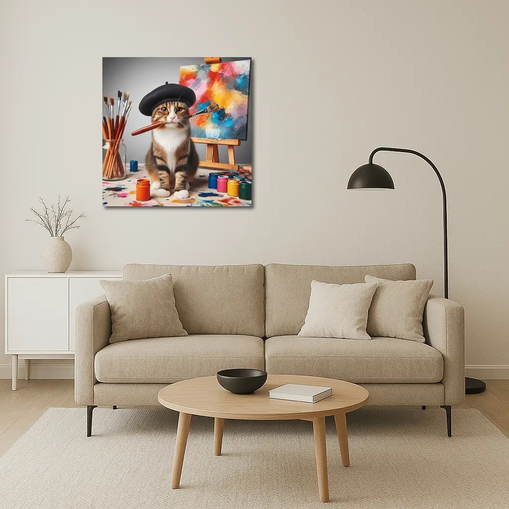 Artist Cat Beret Painting Studio Scene – Wall Art
