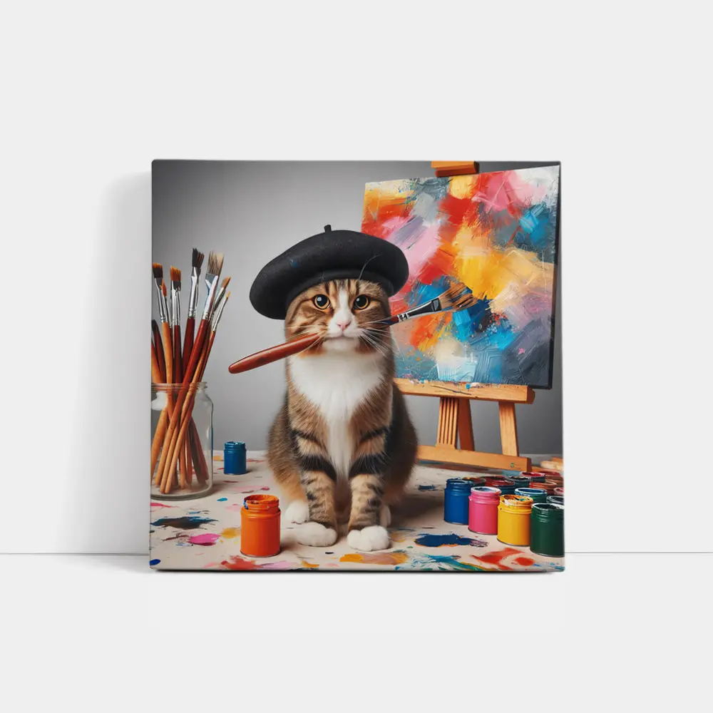 Artist Cat Beret Painting Studio Scene – Wall Art