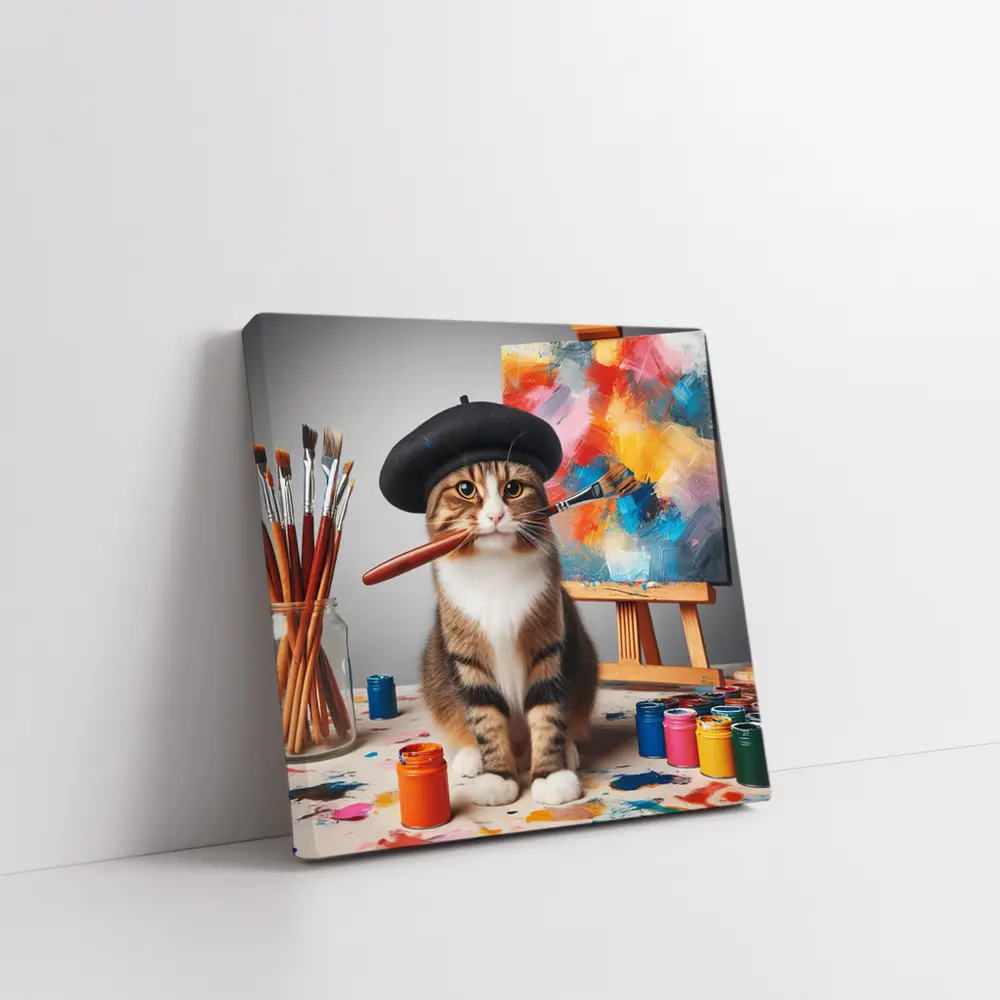 Artist Cat Beret Painting Studio Scene – Wall Art