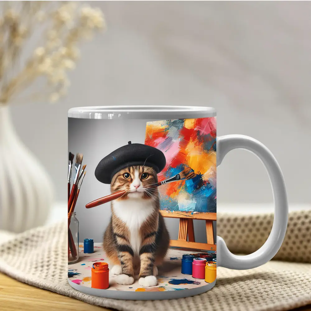 Artist Cat Beret Painting Studio Scene – Mugs
